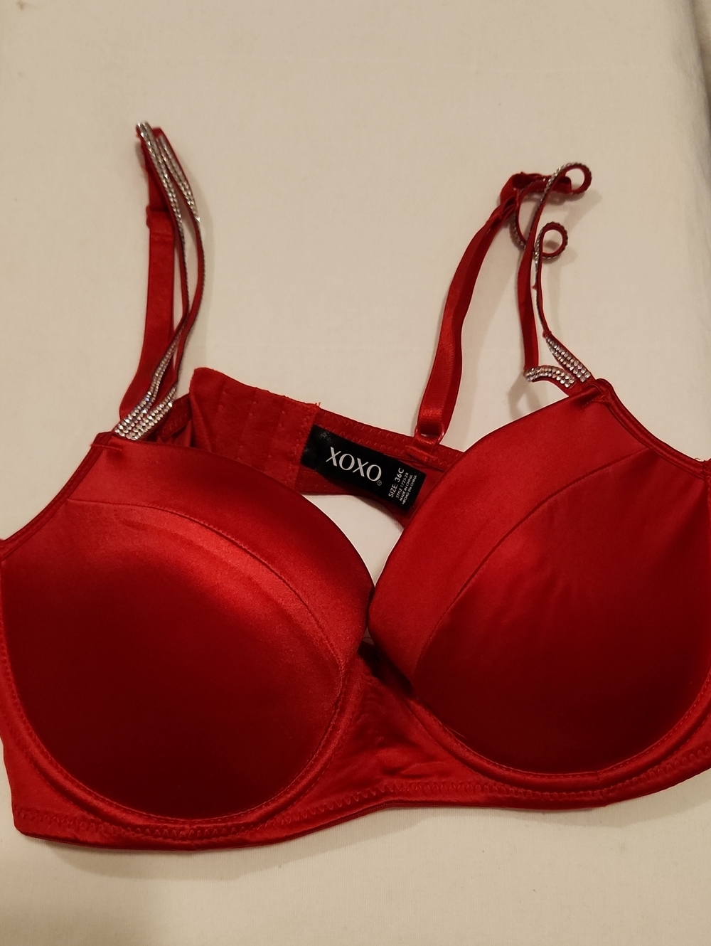 XOXO Red Satin Push-Up Bra with Rhinestone Straps